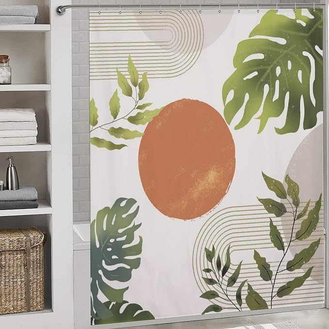 Boho Green Shower Curtain,Mid Century Tropical Plant Palm Leaves Abstract Minimalist Geometic Boho Modern Waterproof Fabric Bathroom Shower Curtain Set with Hooks,72x72Inch