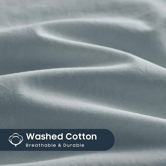 Wake In Cloud - Cotton Duvet Cover Set, 100% Washed Cotton, Linen Like Textured, Breathable Durable Comfy Farmhouse Neutral Bedding Set, 3 Pieces, Light Denim Blue, Twin/Twin XL Size