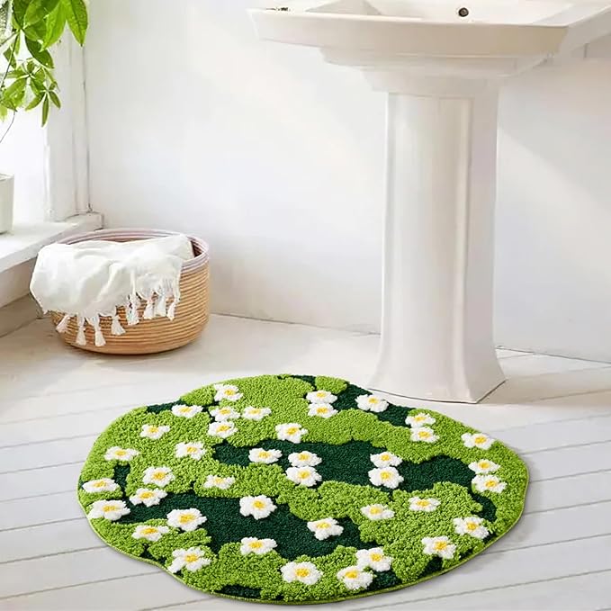 Cute Green Bath Mat Floral Grass Spring Daisy Flower Bathroom Rugs Non Slip Machine Washable Super Absorbent, Irregular Shaped 2ft Luxury Grass Microfiber Bath Rug Bathroom Shower Floor Mat