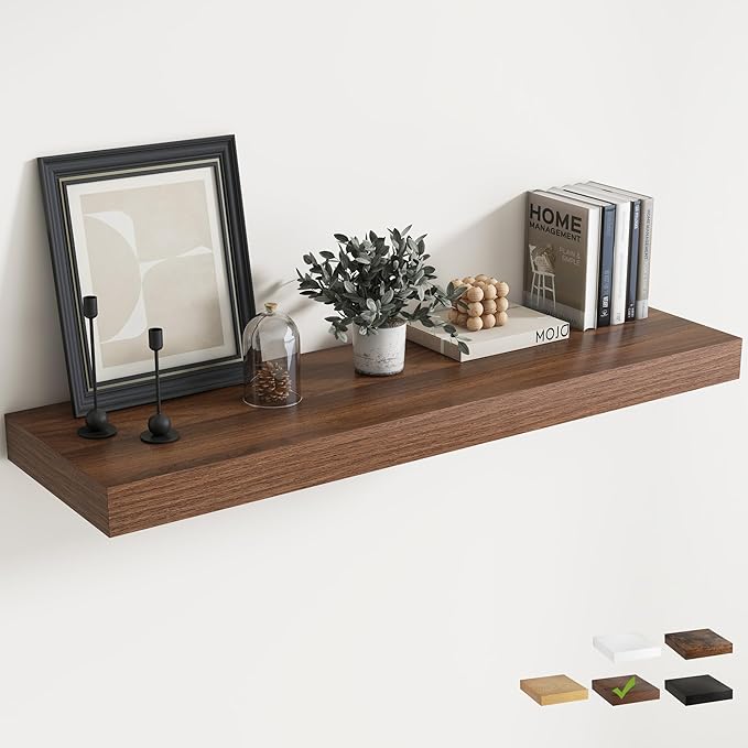 Marsmiles 12" Deep Floating Shelves for Wall with Invisible Brackets, Wall Mounted Engineered Wood Shelves with Wood Grain for Living Room, Bedroom, Kitchen Decor and Storage, 48" L Set of 1, Walnut