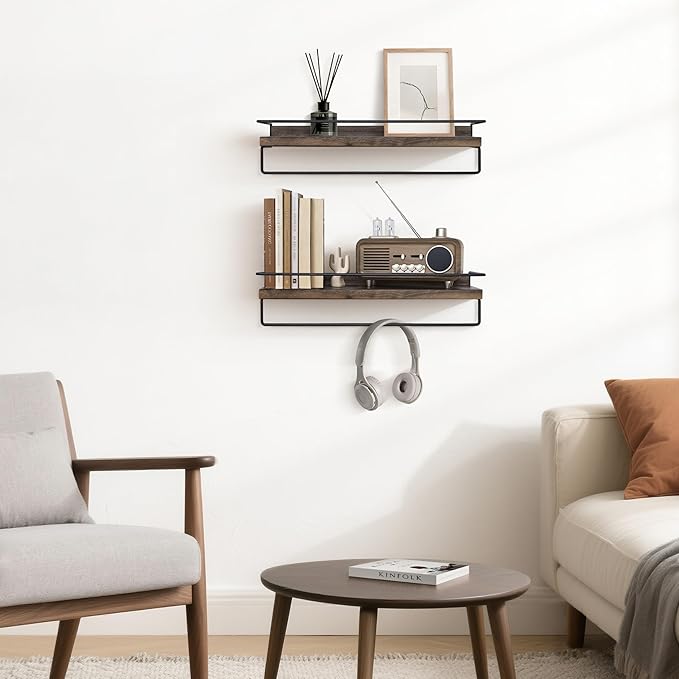 Floating Shelves with Towel Bar - Natural Walnut Hanging Shelf, Wall Mounted Shelving with Metal Frame for Kitchen, Coffee Bar, Entryway, Bedroom