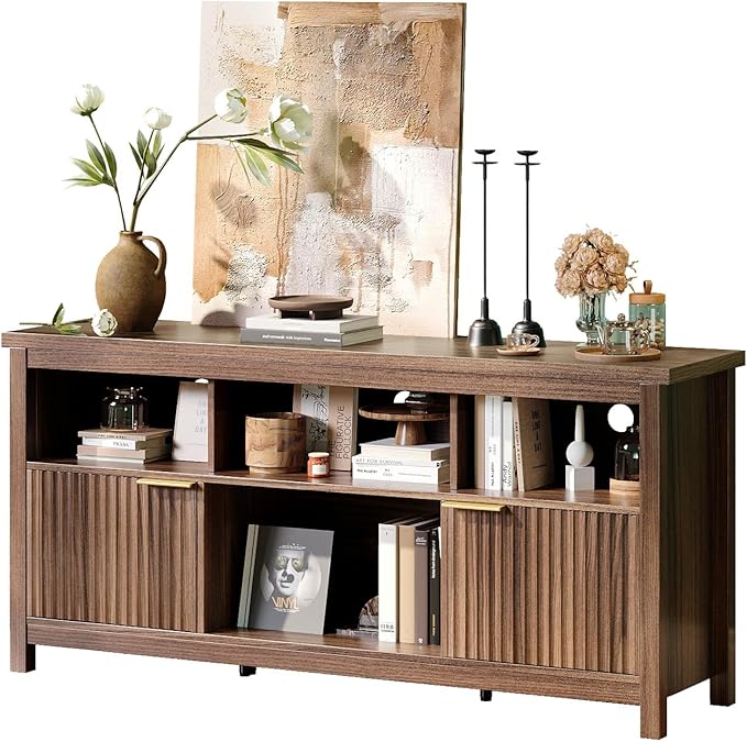 VINGLI 58" Fluted TV Stand for TVs up to 70", Modern TV Stand with Storage & Adjustable Shelves, Elegant Media Console Entertainment Center for Living Room & Bedroom, Walnut