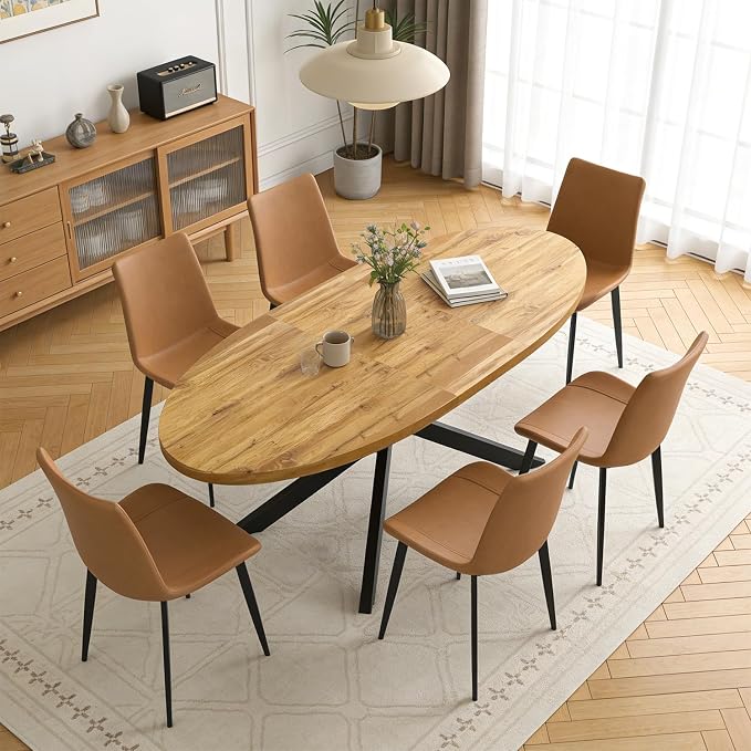 63"-78.7" Extendable Round Dining Table Set for 6, 7 Piece Mid Century Modern Oval Kitchen Table Set, Large Dining Table with 6 Chairs for Living Room Space Saving（Walnut Table+6 Brown Chairs)