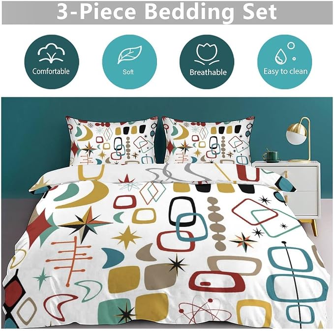 Mid Century Modern Bedding Set,Retro Geometric Colorful Diamond Abstract Geometric Vintage 60s 70s Pattern Comforter Set with Pillowcase for Bedroom Bed Decor,Queen 90"x90"
