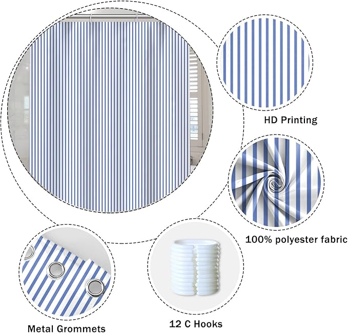 Abstract Stripes Fabric Bathroom Shower Curtain - Sky Blue Lines Modern Minimalist with Hooks - Polyester Waterproof Artistic Decor, 72x78 Inch