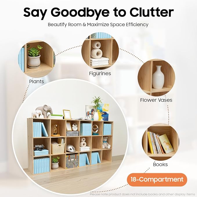 18-Cube Pine Wood Storage Organizer, Solid Wooden Bookshelf with Back Panel, 11in Shelf Opening Bookcase, Freestanding for Living Room, Bedroom, Office (70.8 x 11.8 x 35.4in)