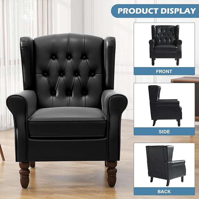 Faux Leather Accent Chair, High Back Wingback Chair Upholstered Armchair for Living Room, Comfy Single Sofa Bedroom Reading Seat with Solid Wood Legs - Black