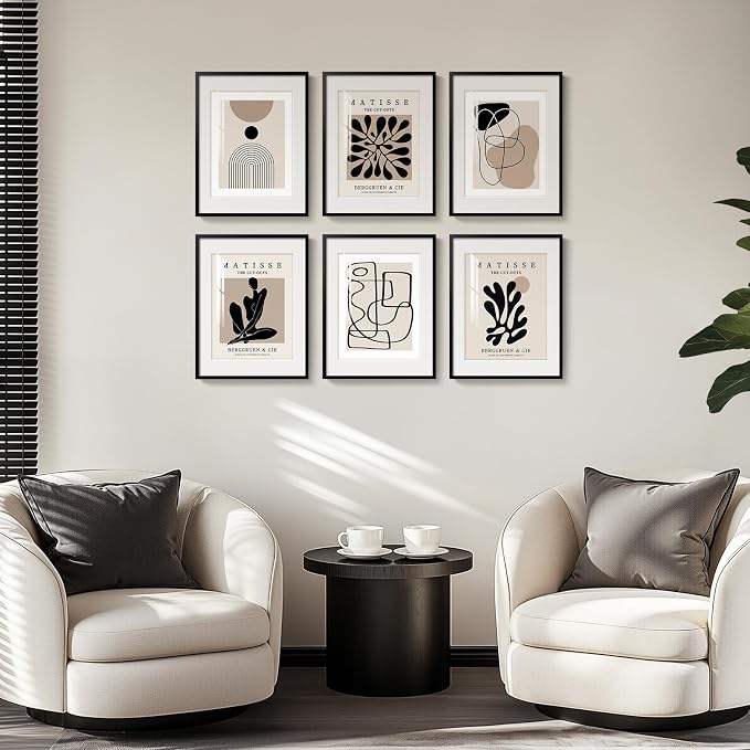 Framed Neutral Abstract Wall Art for Living Room, Set of 6 Minimalist Black Beige Prints Artwork for Walls, Modern Matisse and Geometric Pictures for Bedroom Dining Room Bathroom Wall Decor 11x14 In