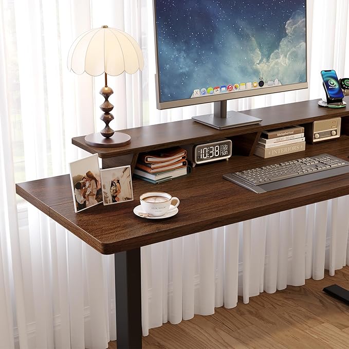63 x 24 Inches Electric Standing Up Desk with Monitor Shelves,Height Adjustable Computer Desk from 28-46''with Memory Controller,Modern Home Office Desk for Work,Study,Walnut