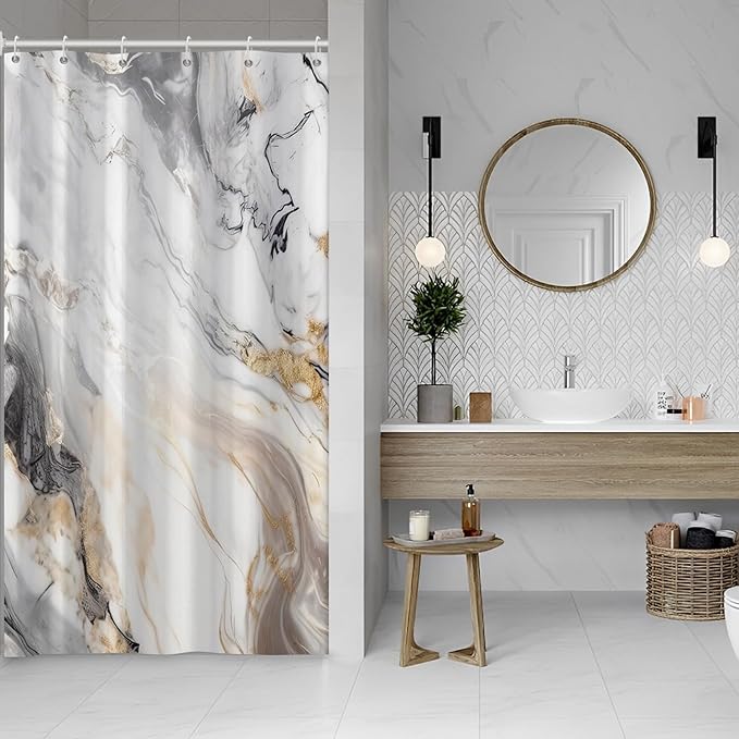 Grey and White Shower Curtain, Modern Grey Marble Shower Curtain for Bathroom Aesthetic Waterproof Shower Curtain Set with Hooks, 48x72 Inch