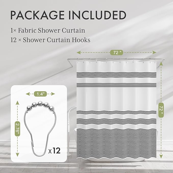 AmazerBath Shower Curtain, Washable Cloth Black Shower Curtain Sets with 12 Shower Curtain Hooks, Fabric Rustic Black and White Striped Curtain, Farmhouse Bathroom Curtains, 72x72 Inches