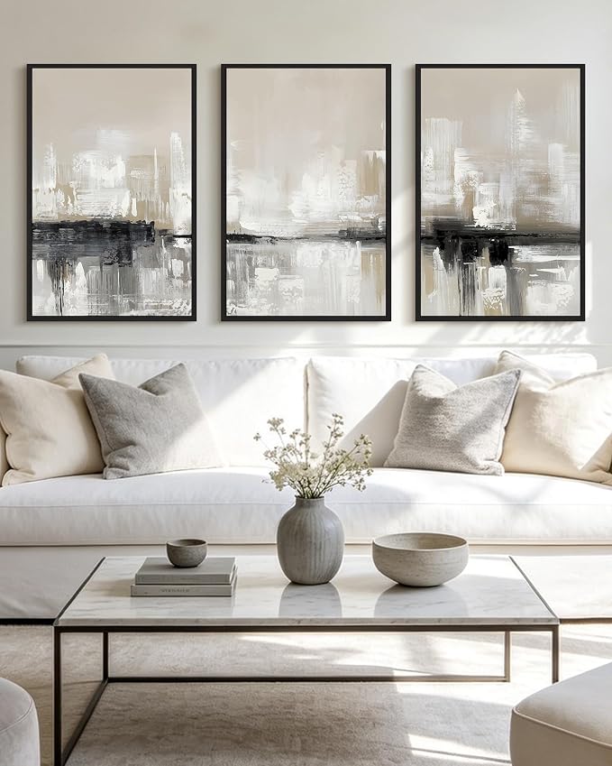 KUVIOKE Abstract Gray Framed Wall Art Neutral Brown Artwork Painting Morden Minimalist Wall Decor Rustic Home Decor 24x36in (Black Framed)