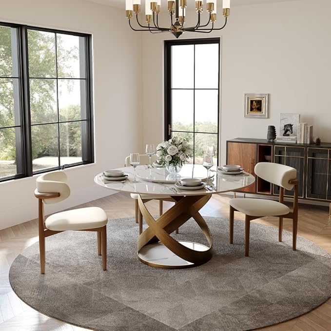 POVISON 51" Modern Round Dining Table with Lazy Susan for 4, Glossy White Round Dining Room Table, Sintered Stone Dining Tabletop with Bronze X Carbon Steel Base (Dining Table Only)