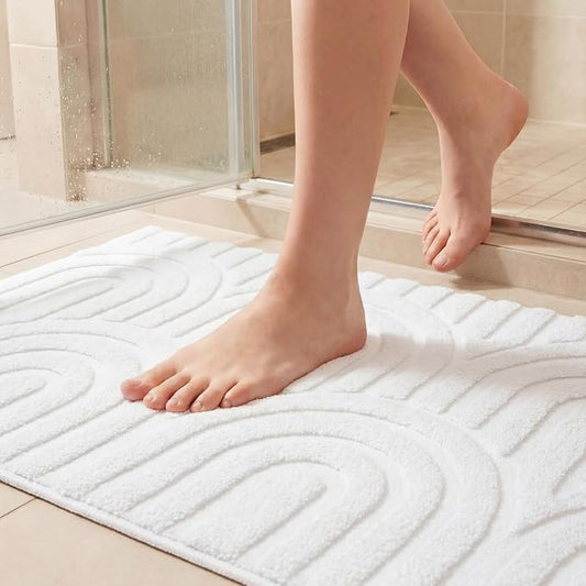 Drydiet White Boho Jacquard Bathroom Rug for Bathroom 3D Arched Stripes Non Slip Absorbent Extra Thick Soft Carpet, Plush Bath Rug with Rubber Backing for Bath Shower, 20''x30''