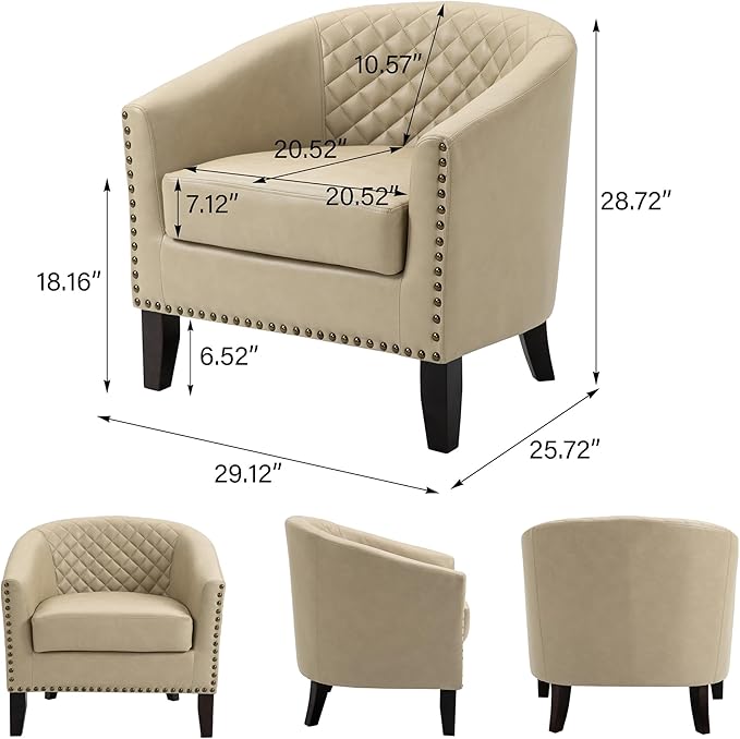 Accent Barrel Chair, Upholstered Faux Leather Club Chair with Nailed Trim, Comfy Reading Armchair for Living Room Bedroom Reception Room Office (Beige, Set of 2)