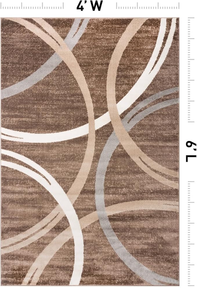Rugshop Modern Wavy Circles Design Area Rug, Carpet with Jute Backing for Bedroom, Office, or Entryway, Brown, 4' x 6'