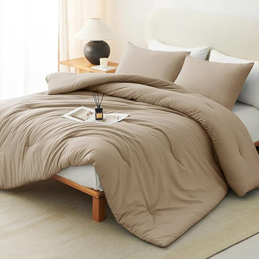 CozyLux Queen Comforter Set Taupe, 3 Pieces Lightweight Comforters Queen Size Quilted Bedding Sets, All Season Breathable Solid Down Alternative Comforter with 2 Pillowcases, Bed Set Gift for Home