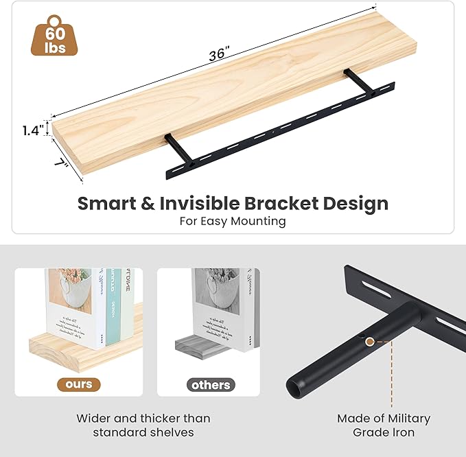 Fun Memories Wood Floating Shelves Set of 2, Rustic Pine Wood Floating Shelves for Wall Mounting, Wide Wall Shelf for Home Decor and Storage, 36" W x 7" D, Natural Unfinished, DIY Stain