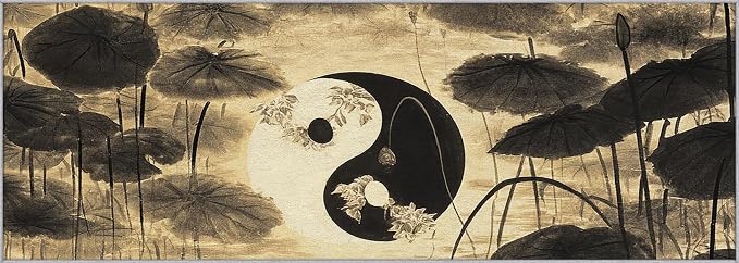 Yin Yang Lotus Leaf Runner Rug 3x12, Asian Yoga Design, Zen Spiritual Meditation Area Rug, Washable Carpet Runner for Bedroom, Standard Hallways, Kitchen Walkway, Dining Room Sideboard