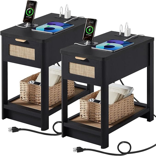 Lerliuo Narrow Night Stand Set of 2 with Charging Station, Boho Nightstand with Drawer, Bed Side End Table with Rattan Shelf for Small Spaces, Wood Nightstands Bedside Tables for Living Room Bedroom