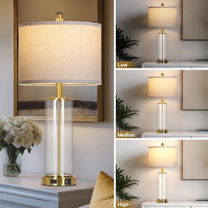 Ruzectt 26" Glass Table Lamp Single, 3-Way Dimmable Touch Control Living Room Lamp with USB C+A Ports & AC Outlet, Modern Bedside Lamps, Bedroom Lamps for Nightstand Side End Table Desk, Gold-1PK