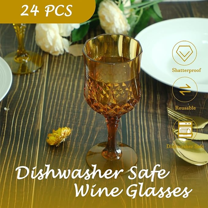 Plastic Wine Glasses, Plastic Goblets Vintage Style Cordial Drinking Glasses for Valentine’s Day, Wedding Reception, Grand Event Party Supplies (100, Amber)