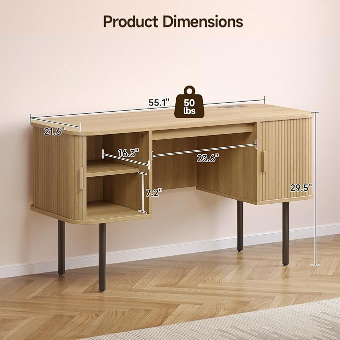 ONBRILL 55 Inch Fluted Computer Desk with Charging Station, Mid Century Executive Desk with 2 Storage Cabinets, Modern Home Office Large Desk with Metal Legs for Working, Studying, Writing Oak