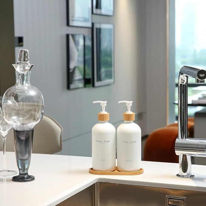 Kitchen Soap Dispenser Set, Hand and Dish Soap Dispenser for Kitchen Sink (White)
