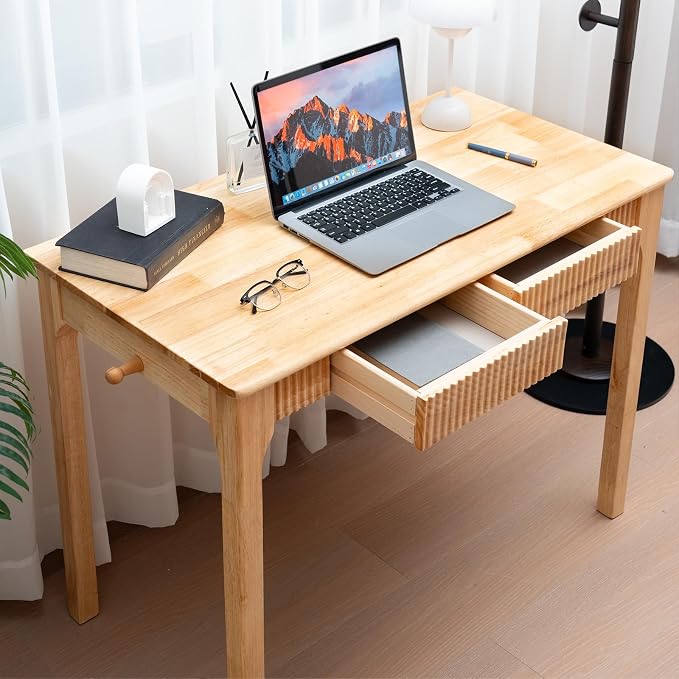 100% Solid Wood Desk with Drawers, Small Home Office Writing Wooden Desk, Vintage Wood Desk for Small Spaces, Bedroom, Work Study Computer Table with Fluted Design and Hooks (Natural)
