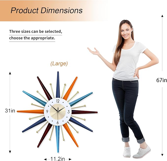 Large Wall Clock 31 Inch Modern Wall Clock Starburst Mid-Century Modern Decor Non-Ticking Battery Operated Colorful Clock Home Decorations for Living Room Bedroom Kitchen Office