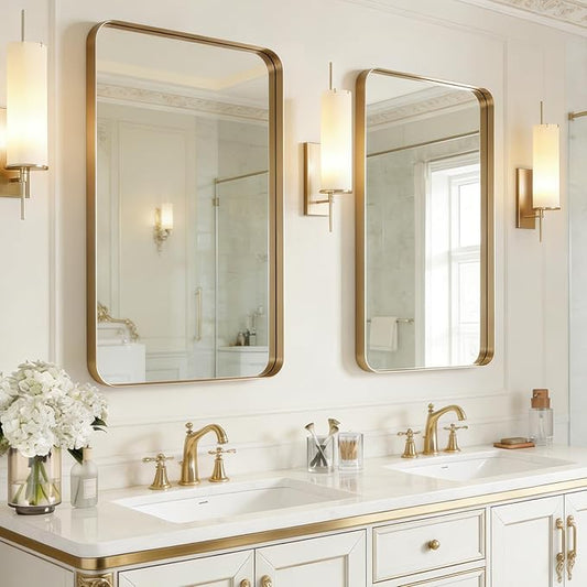USHOWER Gold Bathroom Mirrors 24"x36" 2 Pack, Brushed Champagne Gold Rectangle Mirrors for Over Sink, Aluminum Frame, Anti-Rust, Tempered Glass, Horizontal or Vertical Mounted