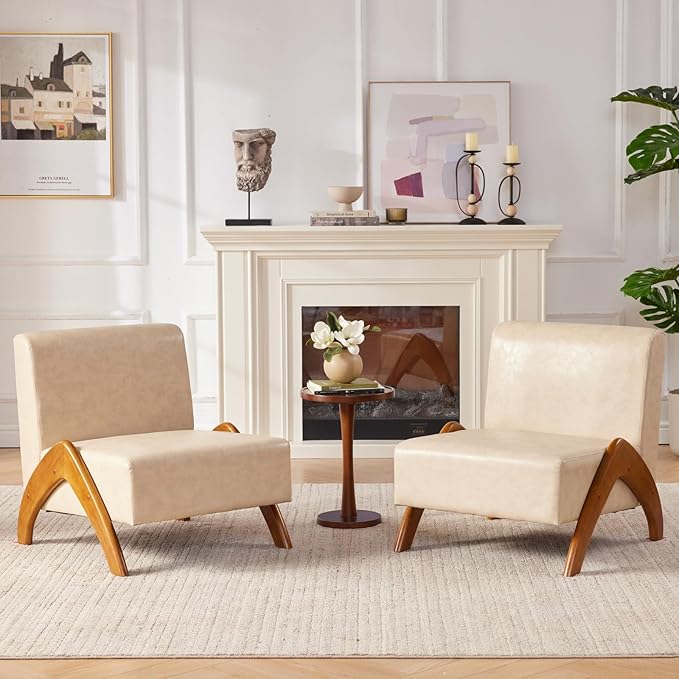 Oversized Accent Chair, upholstered armless mid Century Modern Living Room Chair with Wooden Legs for Bedroom/Office/Cafe, Faux Leather Ivory