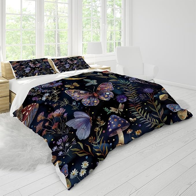3PCS Celestial Witch Garden Duvet Cover Twin Size Dark Floral Butterfly Comforter Covers,Boho Aesthetic Celestial Witchy Mystic Gothic Wildflower Plant Botanical Black Bedding Sets 68"x88"