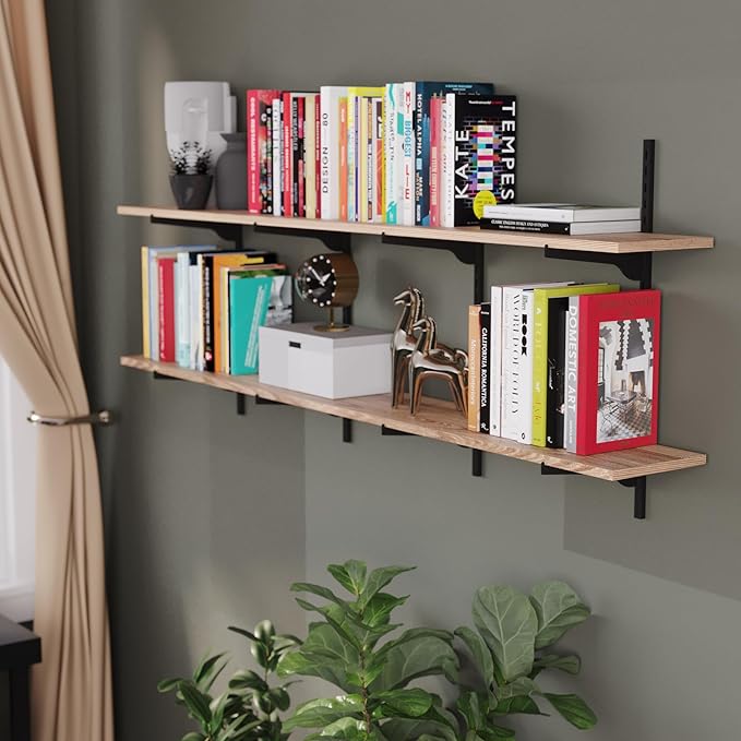 Wallniture Turin 60 Inch Long Adjustable Wall Shelf, Hanging Shelves for Wall, 8" Deep Black Floating Shelves, Living Room Shelf Decor, Office Wall Shelves, Kitchen Storage Shelves, Tier Shelf