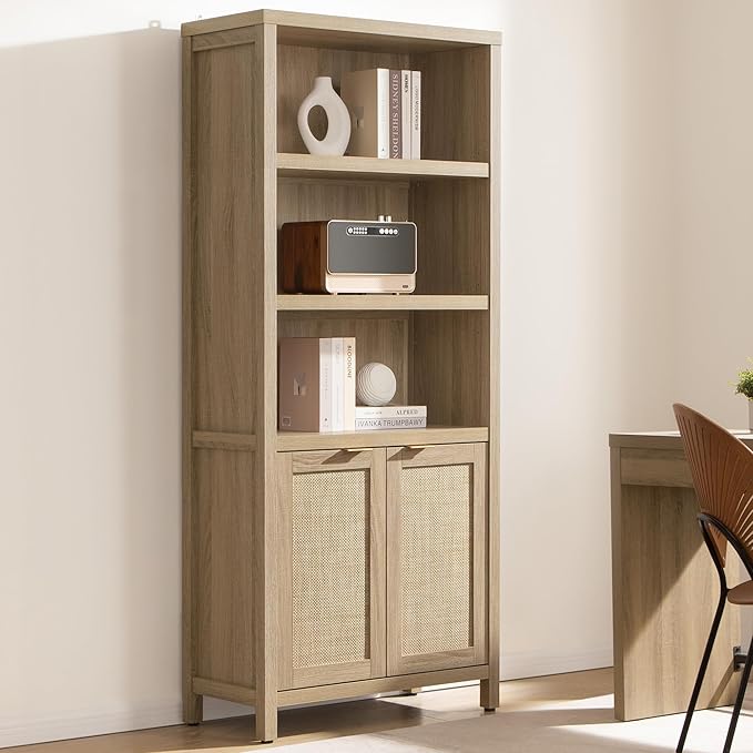 SICOTAS Bookcase 71" Tall Bookshelf 5 Tier Rattan Boho Bookcase with Doors Storage Large Book Case Shelf Farmhouse Bookshelves Library Book Shelves for Living Room Bedroom Home Office Kitchen