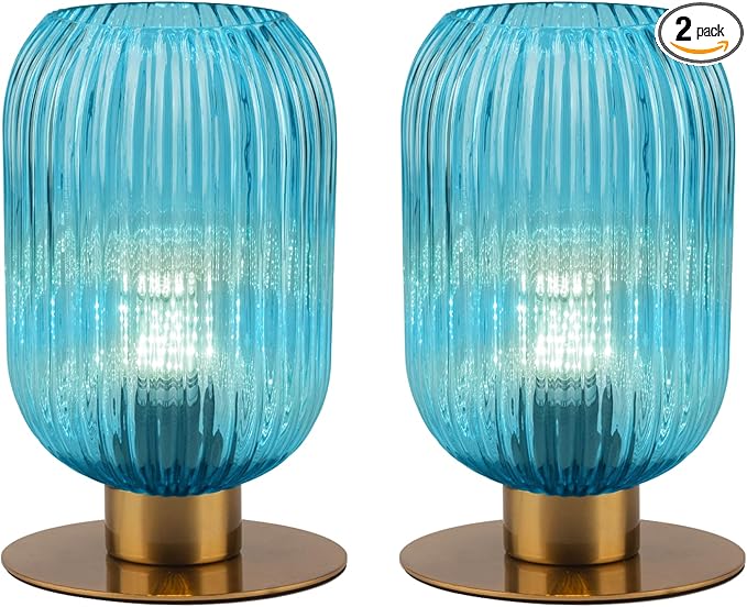 Nightstand Lamps Set of 2, Small Vintage Table Lamp with Gold Metal Base, Coastal Blue Glass Bedside Lamp Decorative Desk Lamp for Bedroom Living Room Study Room