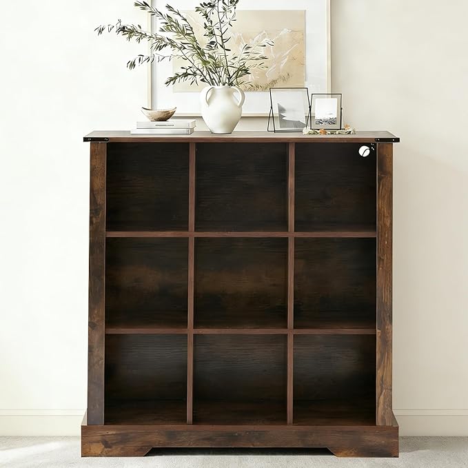 9 Cube Storage Organizer, 3 Tier Book Shelf with Led Lights, Farmhouse Book Shelves for Living Room, Horizontal Toy Storage Bookshelf, Wood Display Bookcase Cabinet for Bedroom, Office, Brown