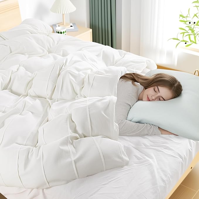 NEXHOME PRO 100% Organic Cotton Duvet Cover Full Size, Linen Like Pleated Textured White Duvet Cover Set, 3pc Bedding Set with Zipper Closure, Soft, Lightweight and Breathable (80"x90", No Comforter)