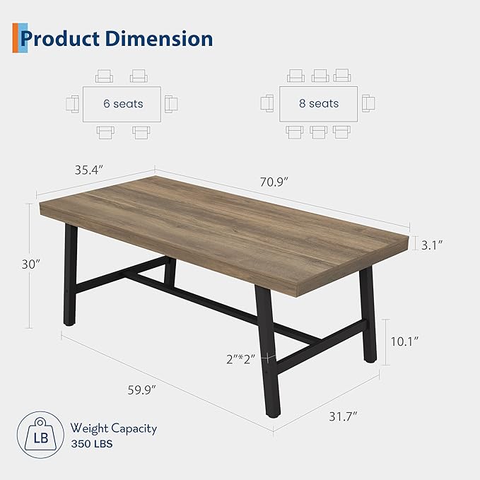 GarveeHome Industrial Dining Table for 6-8 People, 70.87" Long Wooden Kitchen Table with Sturdy Metal Frame & Pear Finish, Seats 6 Rectangular Counter for Dinner, Kitchen, Dining Room-Rustic Pear