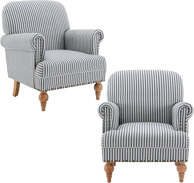 Linen Accent Chairs Set of 2 Mid-Century Modern Living Room Armchair with Nailhead Trim & Wood Legs Comfy Upholstered Single Sofa Chair for Lounge/Bedroom/Reception, Blue Stripe