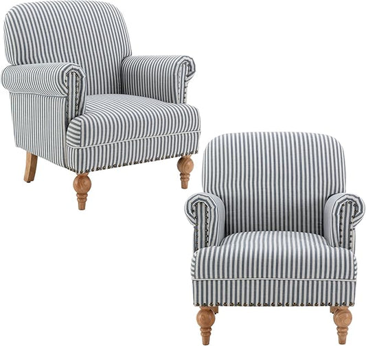 Linen Accent Chairs Set of 2 Mid-Century Modern Living Room Armchair with Nailhead Trim & Wood Legs Comfy Upholstered Single Sofa Chair for Lounge/Bedroom/Reception, Blue Stripe