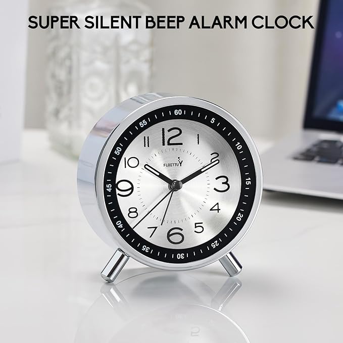 FLOITTUY Super Silent Metal Alarm Clock,Beep Wake Round Alarm Clock with Strip Night Light,Battery Operated,Easy Set,Simple & Retro for Desk, Bedroom and Home Decoration(Metallic Silver)
