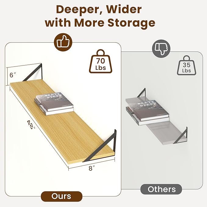Floating Shelves for Wall,48" Wx8 D Wood Wall Shelves,Hanging Storage Floating Shelf with Metal Brackets,Wide Floating Bookshelf for Living Room,Office,Bedroom,Bathroom,Set of 2,Oak