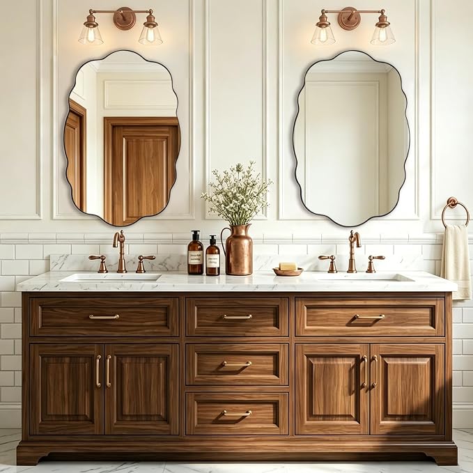 ANDY STAR Bronze Bathroom Mirror -24x36 Inch Wavy Oval Mirror for Vanity, Wavy Scalloped Wall Mirror with Stainless Steel Frame Hang Vertically or Horizontally