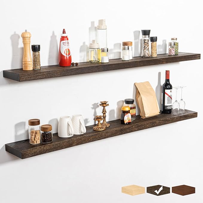 RICHFOCUS Rustic Wooden Floating Shelves for Wall - 55 Inch Wood Shelves Set of 2-7.9 Inch Deep Solid Paulownia Wood Wall Mounted Shelves with Upgraded Metal Brackets for Room Decor, Walnut