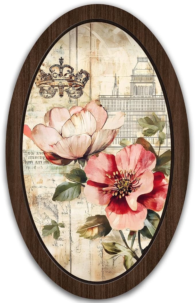 UYIKG Vintage Oval Framed Wall Art Decor,Farmhouse Floral Oval Wooden Wall Decor,Cottagecore Wooden Framed Decorations for Theme Room Home Bedroom Living Room Home Office 9x14.6 in