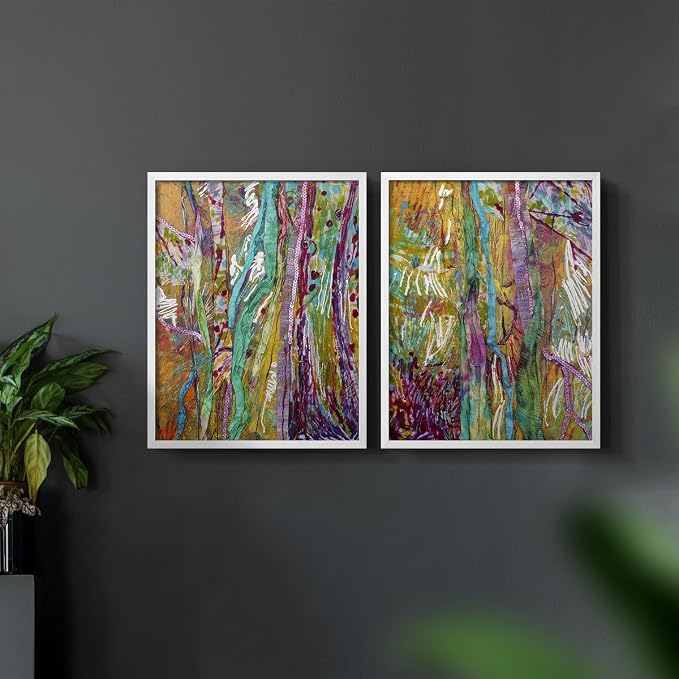 Renditions Gallery Set of 2 Peel & Stick Framed Prints, Modern Abstract Wall Art, Colorful Artistic Painting Wall Decor, Re-Stickable - Ready to Hang - 22"x28" - White Frame LT588