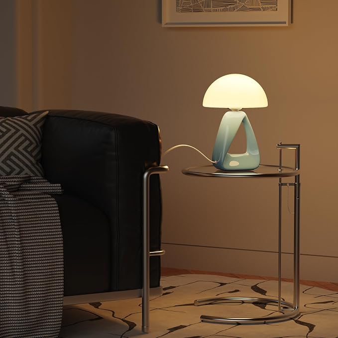 Mushroom Lamp, Small Table Lamp for Bedroom, Creative Geometric Ceramic Base Bedside Lamp, Mid Century Modern Side Table Lamp for Living Room Nightstand, Unique Aesthetic Home Decor Gift Ideas, Blue