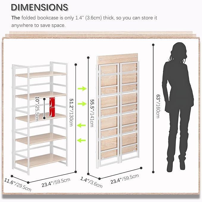 4NM No Assembly 5 Tiers Collapsible Book Shelves, 51.2" H Folding Bookshelf Bookcase Open Industrial Foldable Shelves for Bedroom, Living Room, Home Office - Natural White