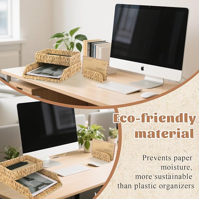 Woven Desk Organizer Letter Tray Set of 3, Water Hyacinth Paper Baskets for Organizing, Rattan A4 File Tray with Letter Sorter, Office Storage Rack for Files Mail Notebooks Stationery